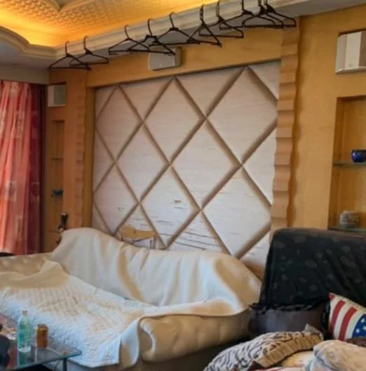 Living room with a cushioned white sofa, wooden wall decor, and various items like blankets and bottles on a table.