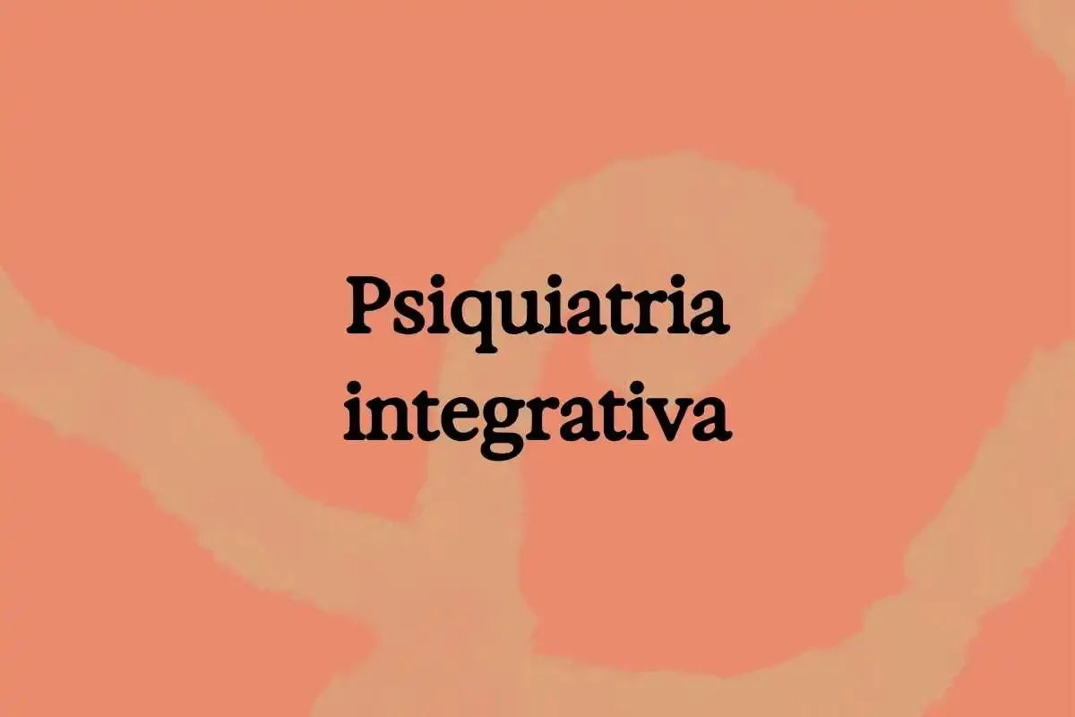 Texto que dice 'Psiquiatría integrativa' sobre un fondo color coral con formas abstractas