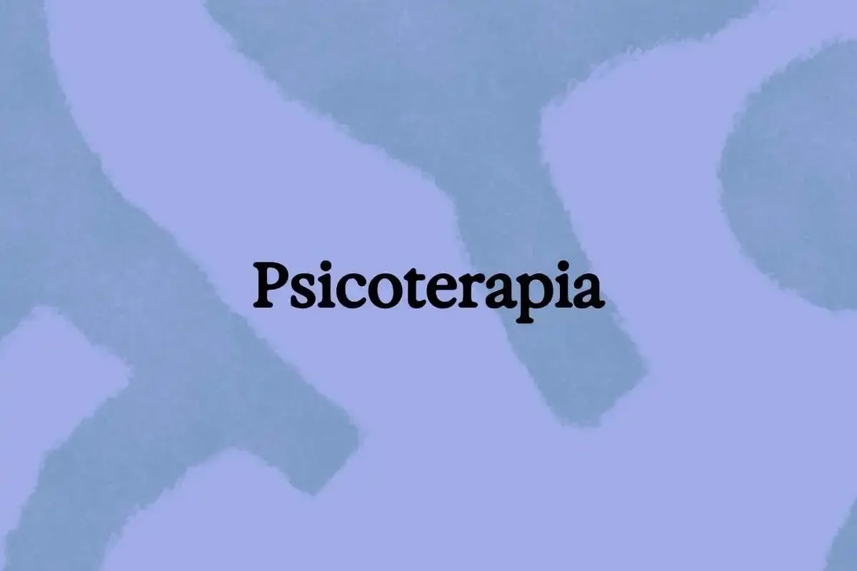 Fondo azul con formas abstractas y la palabra 'Psicoterapia' en el centro en letras negras.