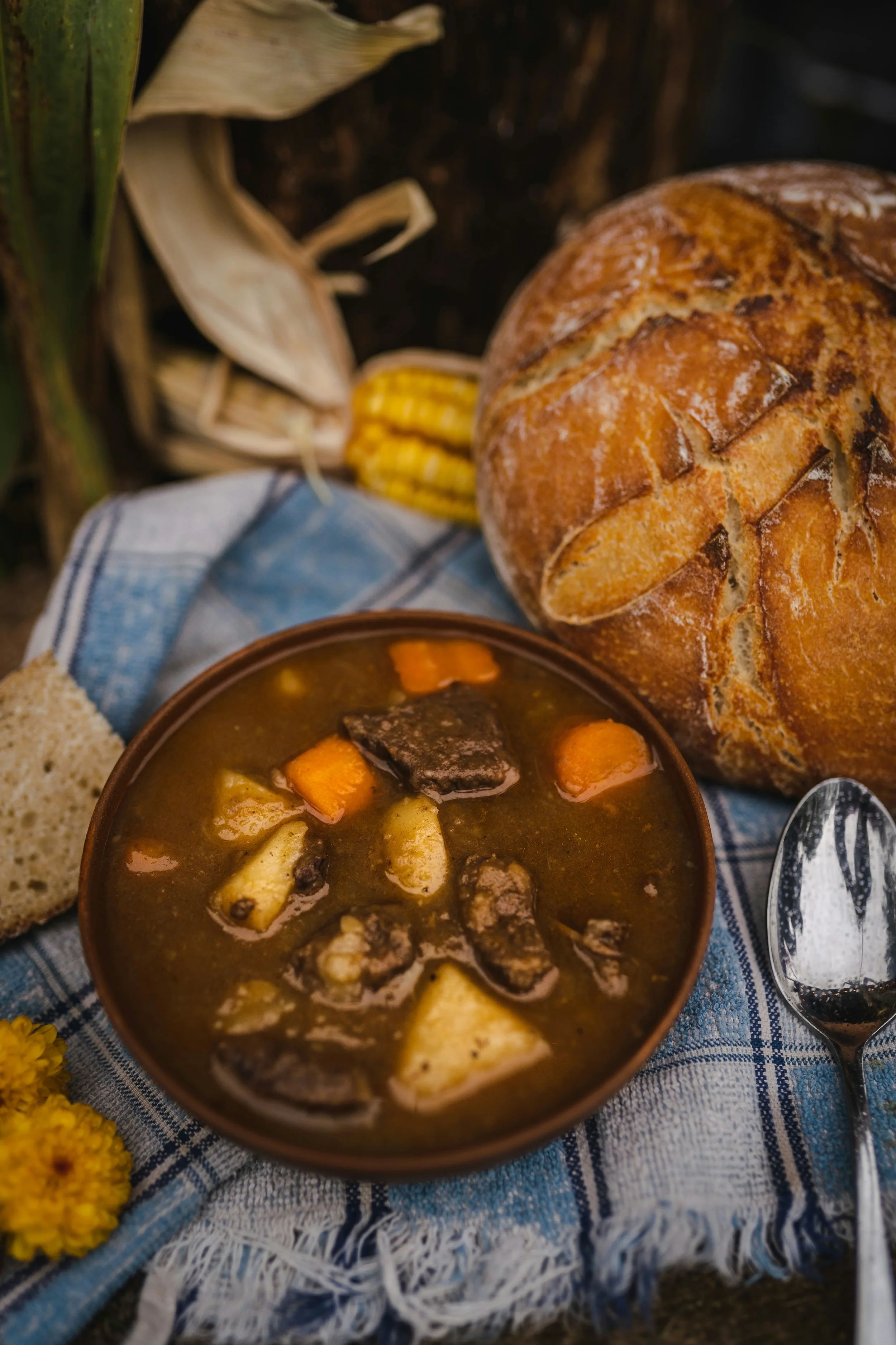 Un plato de sopa con verduras y carne, un pan rústico, maíz cocido, y un trozo de pan artesanal sobre un paño a cuadros, en un ambiente rústico.