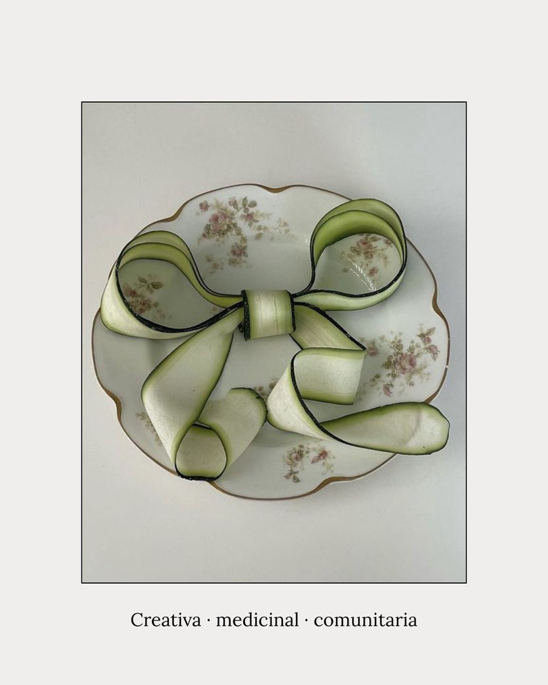 Tira de piel de calabacín enrollada en forma de lazo sobre un plato de porcelana decorado con flores.