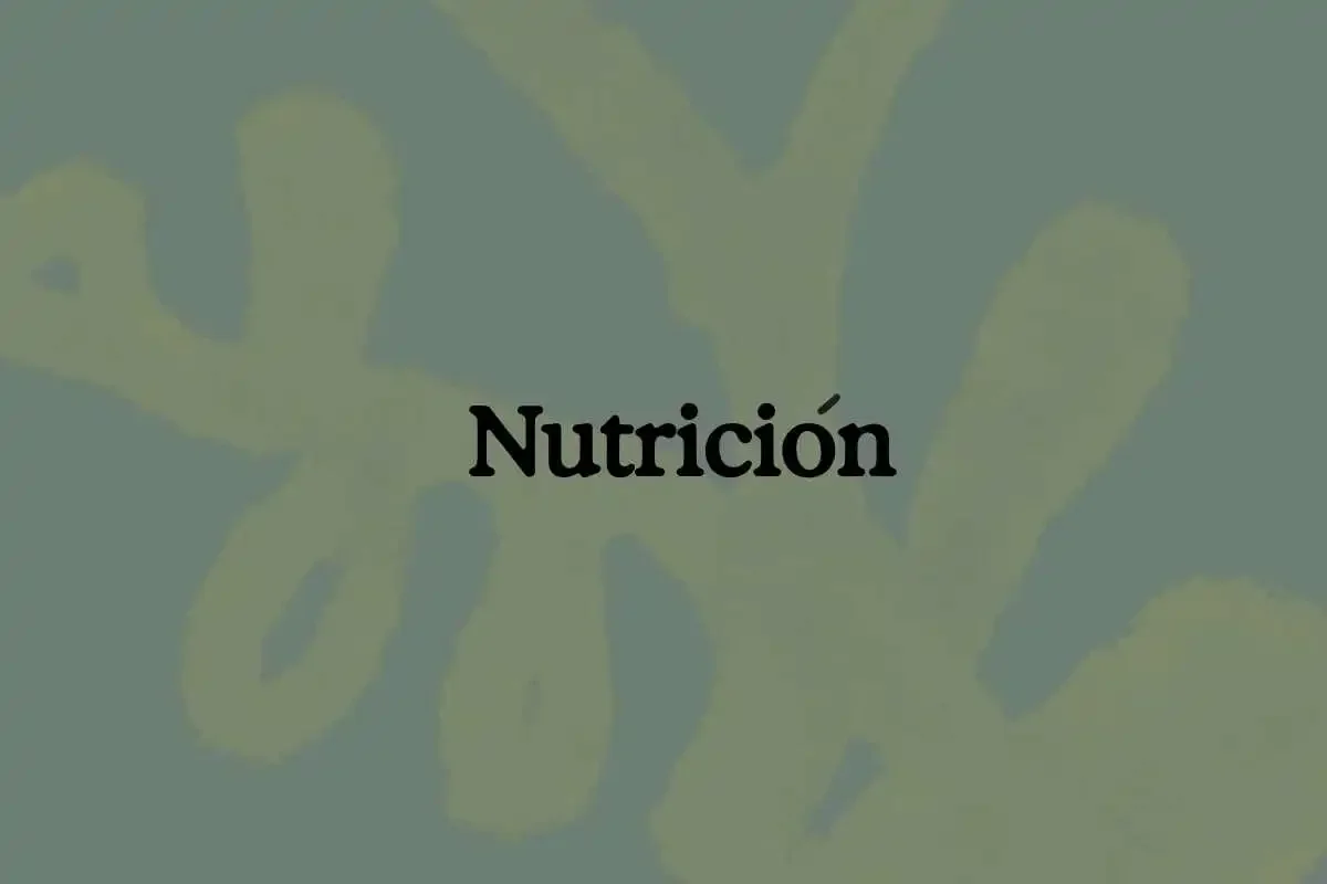Pantalla con la palabra 'Nutrición' en letras negras sobre fondo gris con patrón de ramas o plantas.