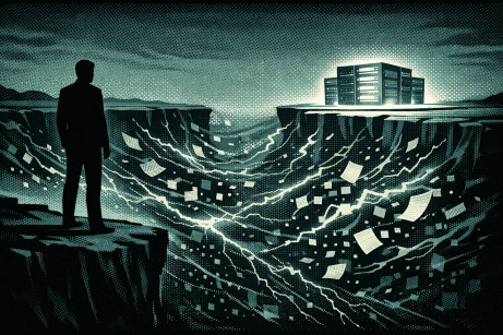 Silhouette of a man standing on the edge of a chasm with multiple digital-looking cityscape and data flow beneath, depicting a futuristic or digital world concept.