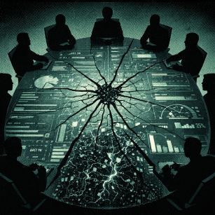 Silhouettes of people sitting around a digital conference table with futuristic data visualizations and a cracked glass effect in the center.