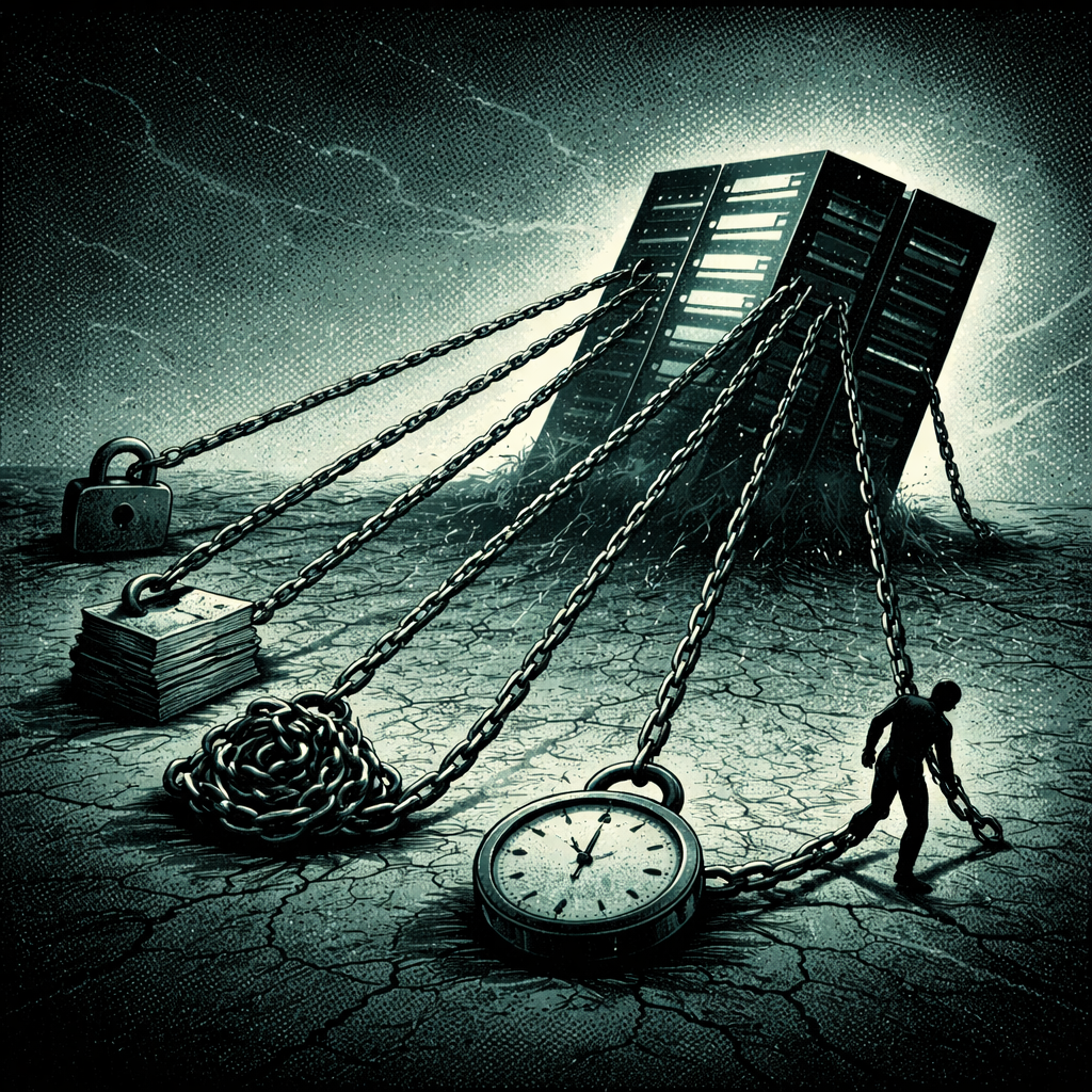 A dystopian scene with a large tilted server rack chained to various objects including a padlock, a stack of papers, a tangled chain, a pocket watch, and a small person pulling on the chain. The scene is set on cracked ground with lightning in the background, symbolizing oppression or control over time, information, and individuals.