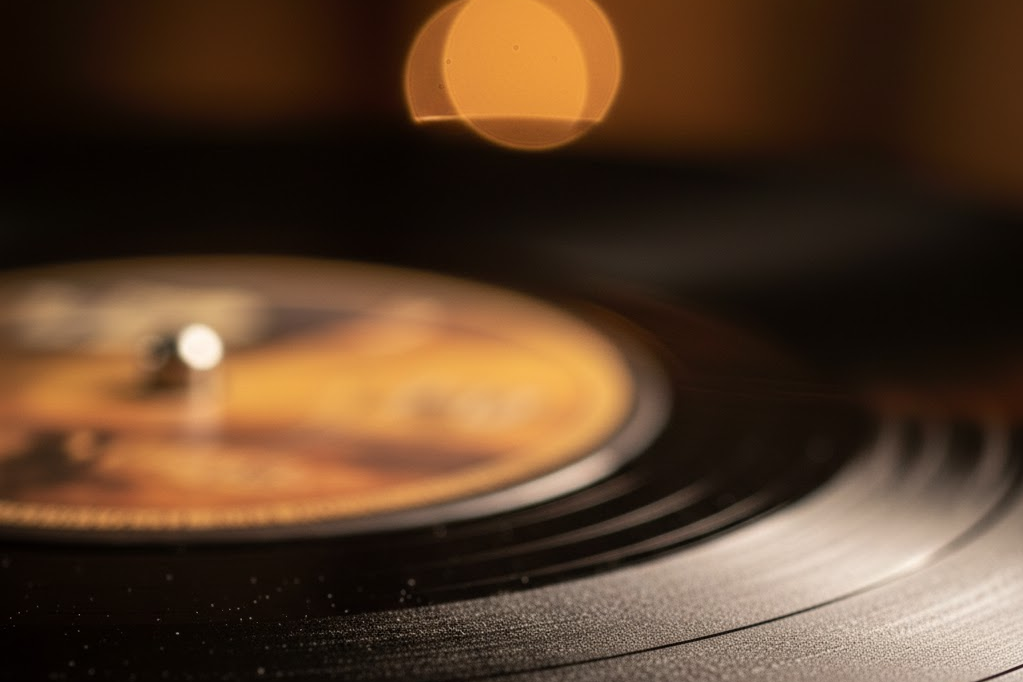 Nahaufnahme eines Plattenspielers mit Vinyl-Schallplatte, im Hintergrund unscharfe Lichter.