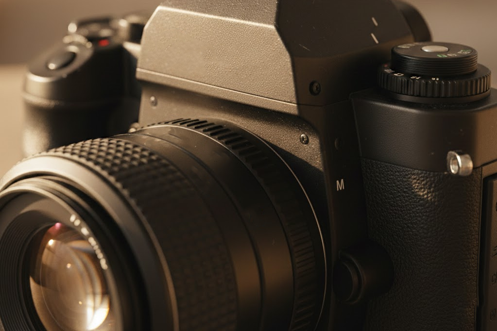 Nahaufnahme einer digitalen Kamera mit einem großen Objektiv.