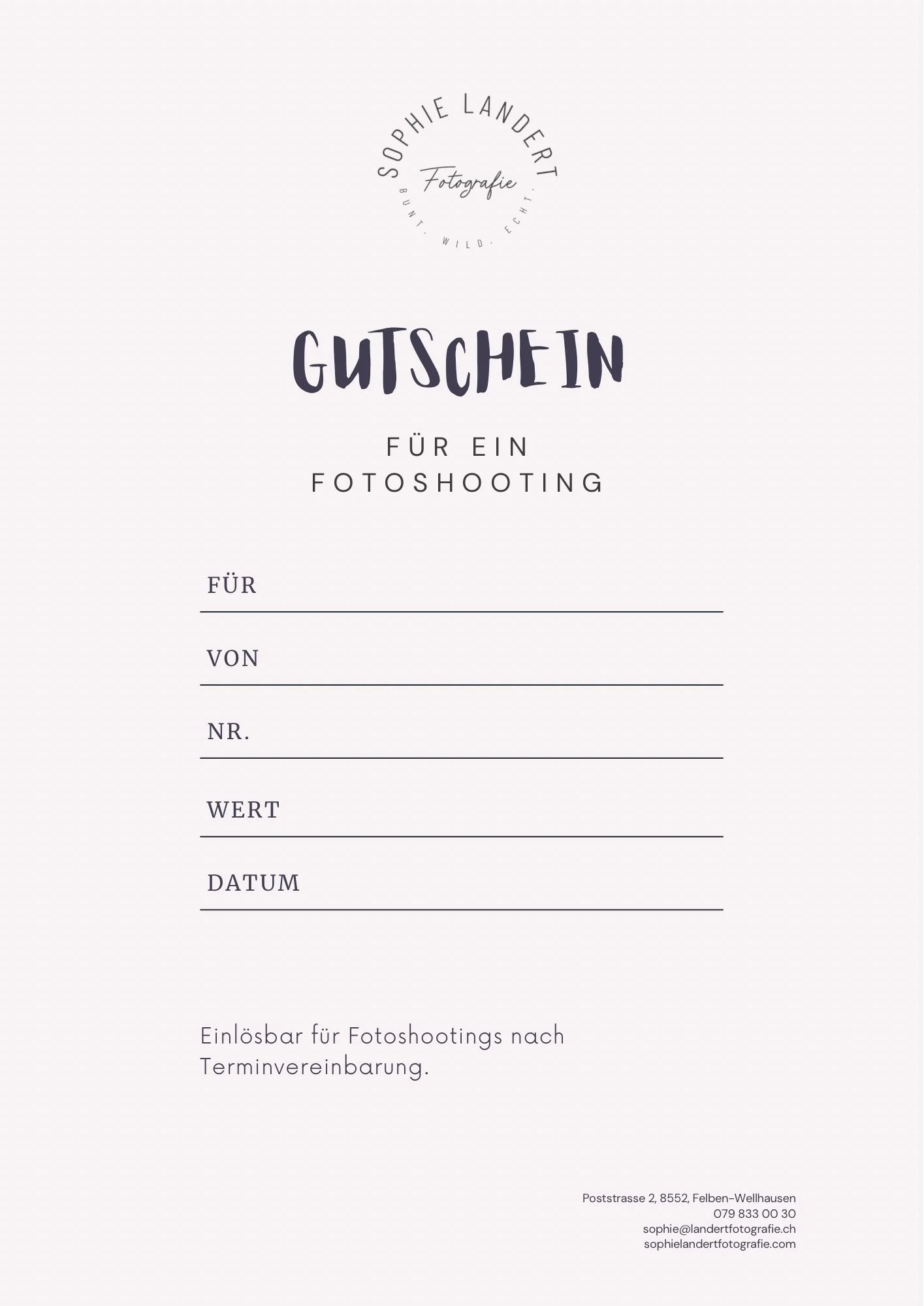 Gutschein für ein Fotoshooting mit Felder für Name, Nummer, Wert und Datum, erstellt von Sophie Lander Fotografie.