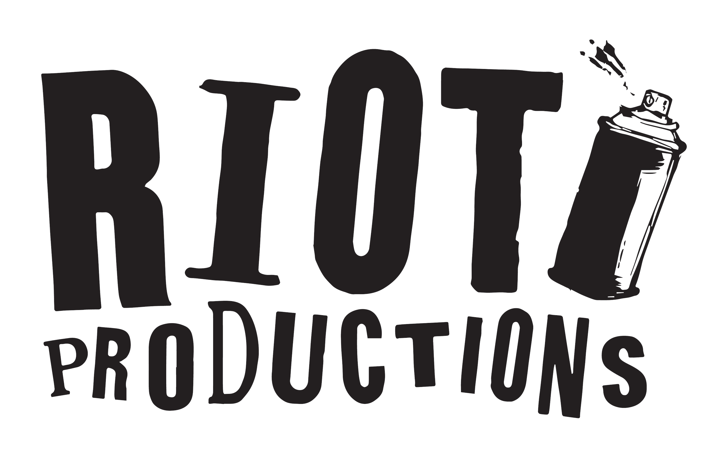 A stylized black and white graphic with the words 'Riot Productions' and a spray paint can illustration.
