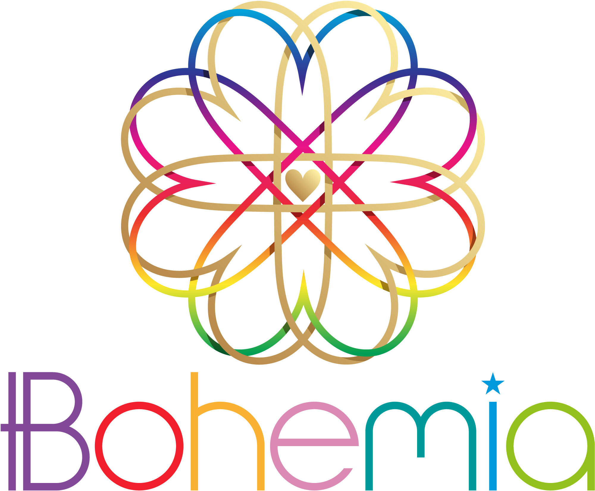 Colorful, stylized illustration of a five-petaled flower with a rainbow gradient and a legend below showing five color-coded categories.