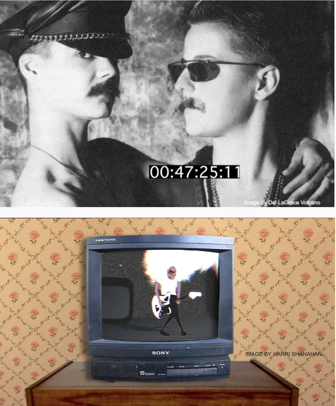The first image is a black-and-white photograph of two men with mustaches looking at each other. The man on the left is wearing sunglasses and a leather cap, while the man on the right is also wearing sunglasses and has his hand on the other's shoulder. The second image shows a vintage CRT television displaying an animated rock musician with an electric guitar, placed on a wooden table against floral wallpaper.