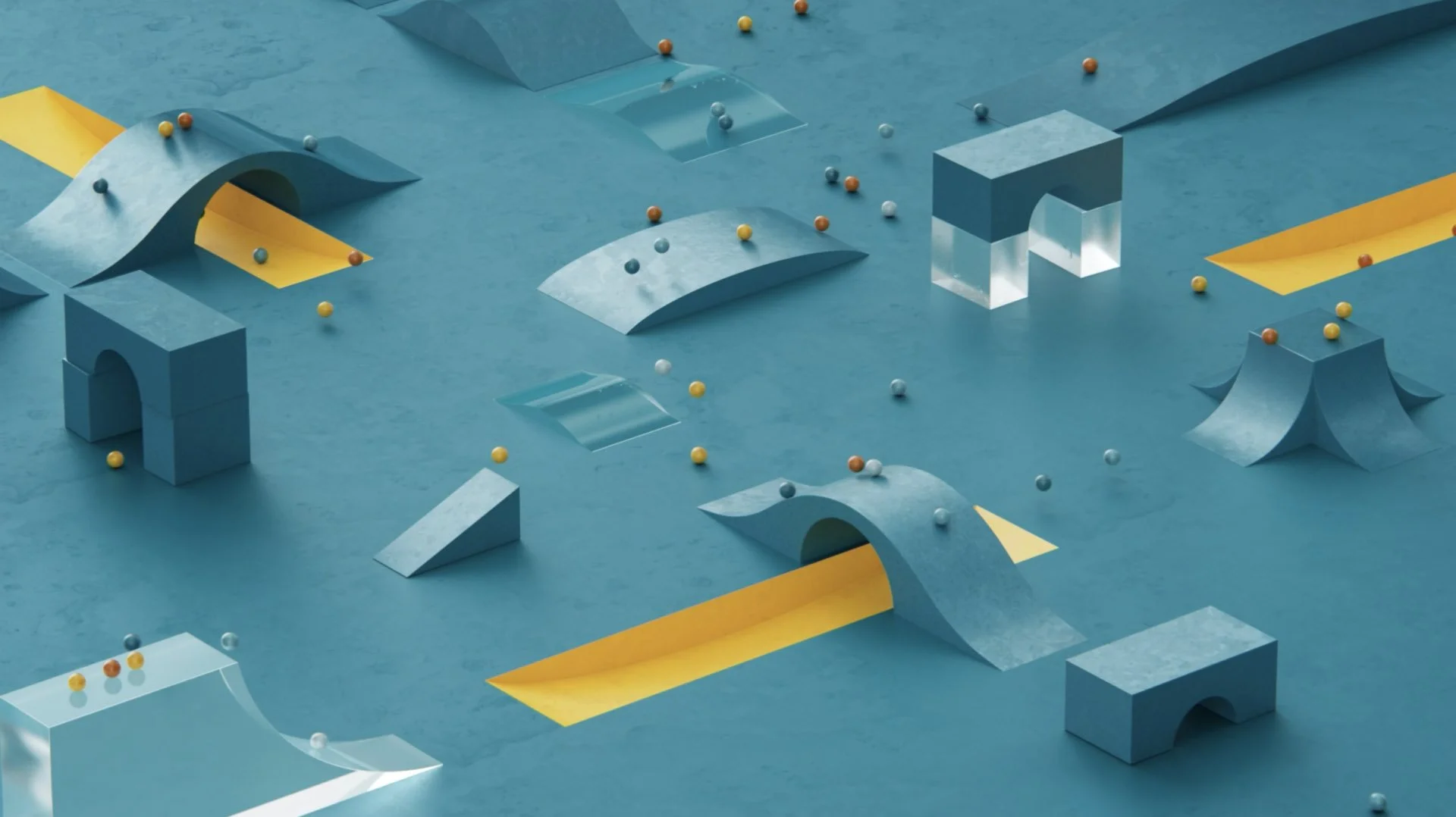 Kunstvolles, abstraktes 3D-Design mit blaue, gelbe und graue geometrische Formen, Rampen und Kugeln auf einer blauen Oberfläche.