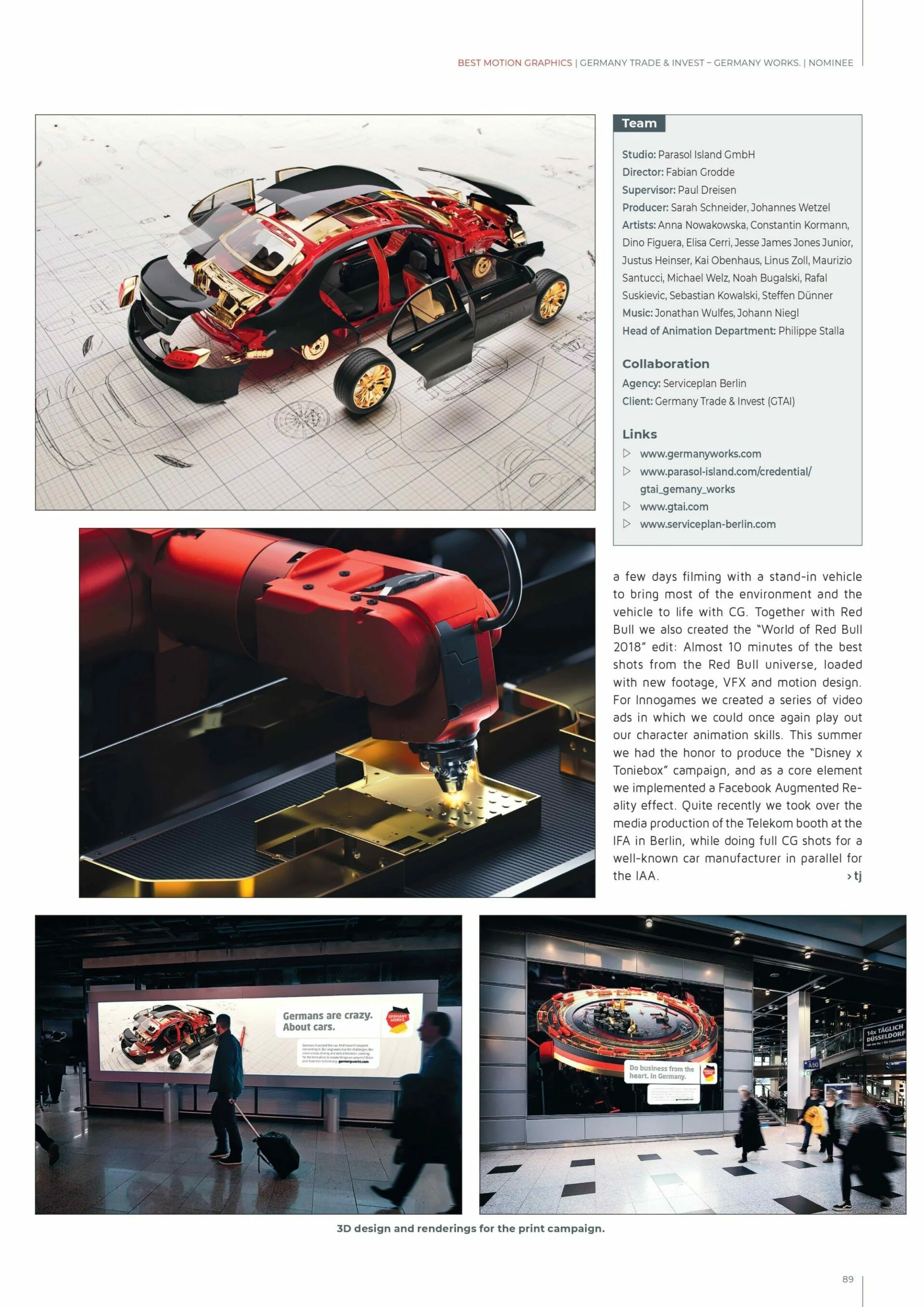 Eine computergenerierte 3D-Darstellung eines roten Autos, das überwiegend schwarz ist, auf einem technischen Planungshintergrund mit Skizzen und Diagrammen, neben einem Abschnitt einer Maschine im industriellen Umfeld, sowie ein Bild eines Flughafentransfersbereichs mit Passagieren und Anzeigetafeln.