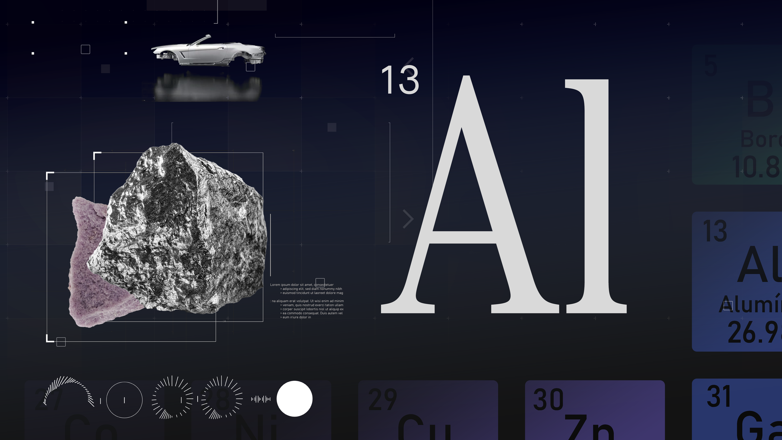 Grafik mit mineralischem Stein, einer Metalllegierung, einer Automobilkarosserie, chemischen Elementen und wissenschaftlichen Daten.