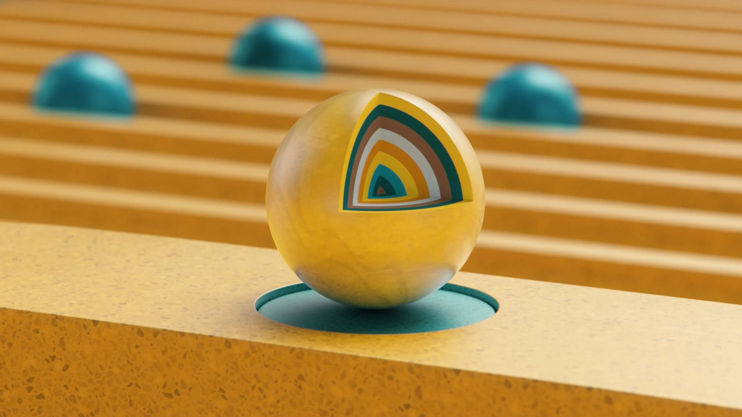 Eine gelbe Kugel mit einem bunten, geometrischen Muster auf einer blauen Basis. Im Hintergrund sind vier blaue Halbkugeln auf einer gestreiften Oberfläche, die in Richtung der Kugel im Vordergrund ansteigen.