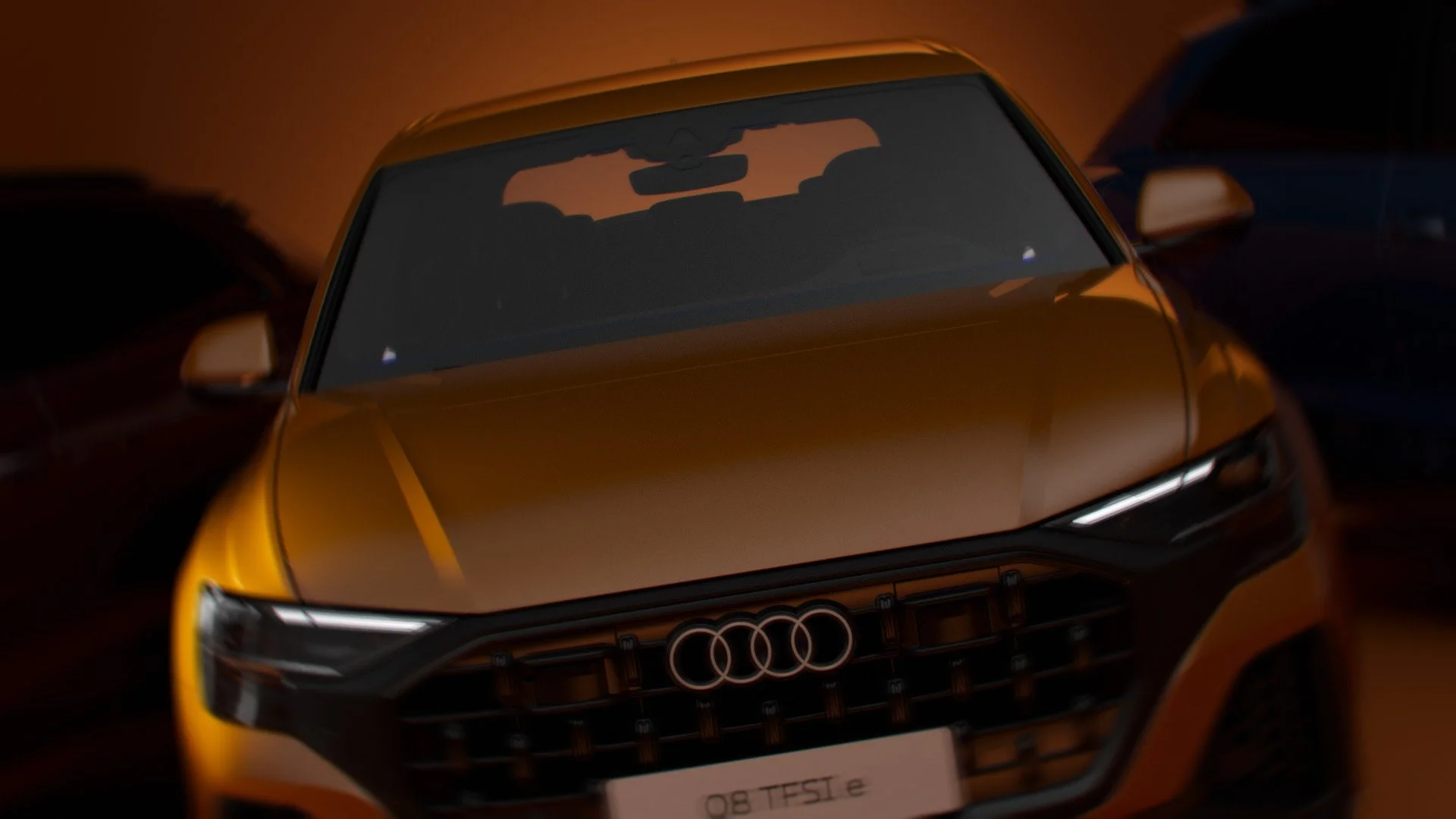 Ein gelber Audi-Q8-Fahrzeug auf einer dunklen Oberfläche, mit einem Hintergrund in warmem Orange. Das Auto ist vorne zu sehen, mit Blick auf die Frontpartie, Scheinwerfer und Kühlergrill sichtbar.