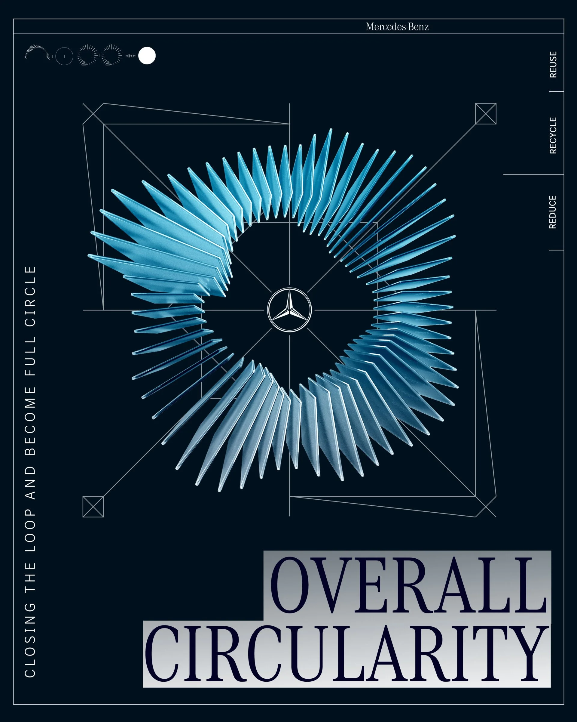 Grafik eines technologischen Designs mit einem Kreismuster aus blauen, schrägen Flächen und einem Mercedes-Benz Logo in der Mitte, mit Texten über Kreislaufwirtschaft und Recycling.