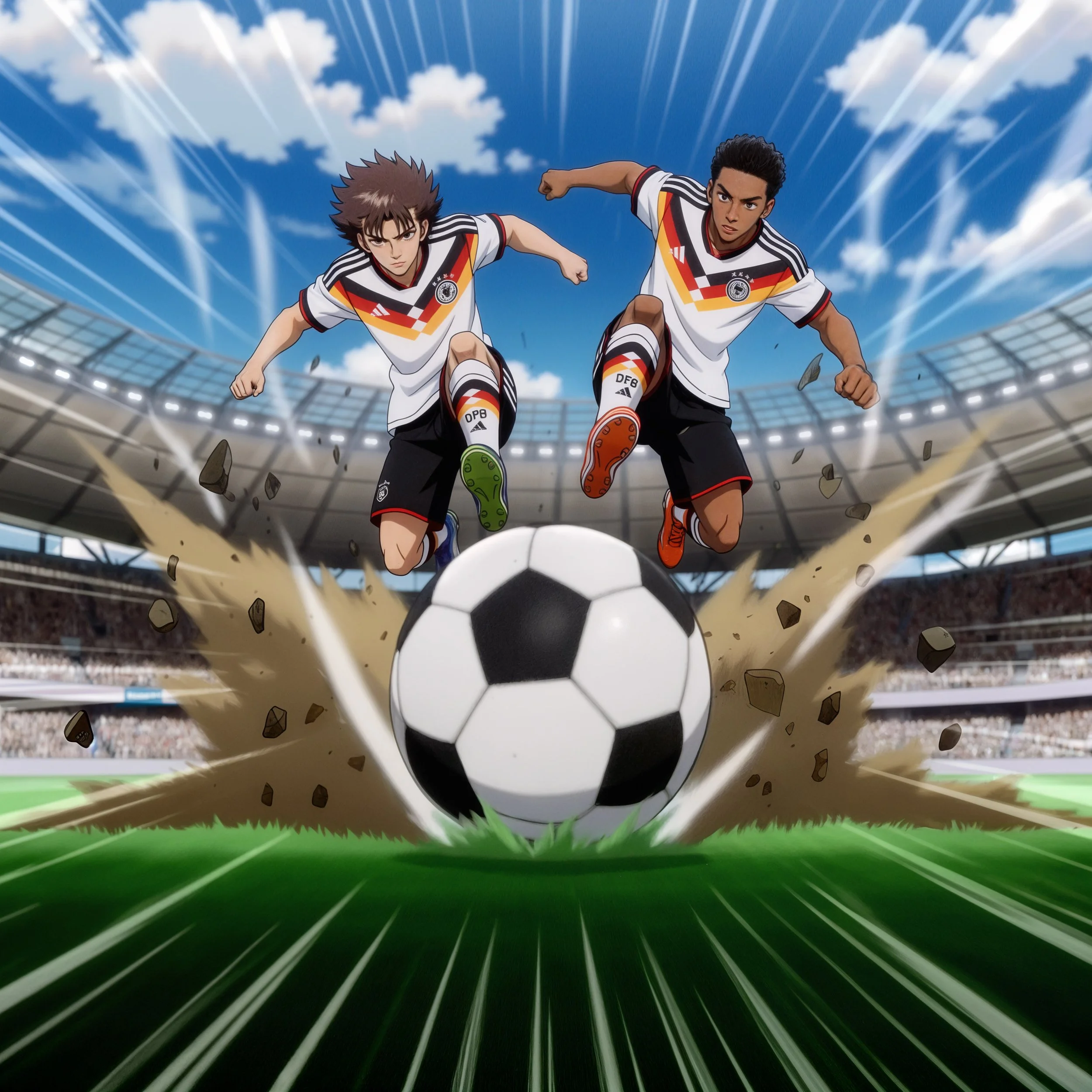 Zwei animierte Fußballspieler in Deutschland Nationalmannschaft Trikots laufen auf einen Fußball zu, auf einem Stadionhintergrund mit blauer Himmel und Wolken, während Steine und Staub aufgewirbelt werden.