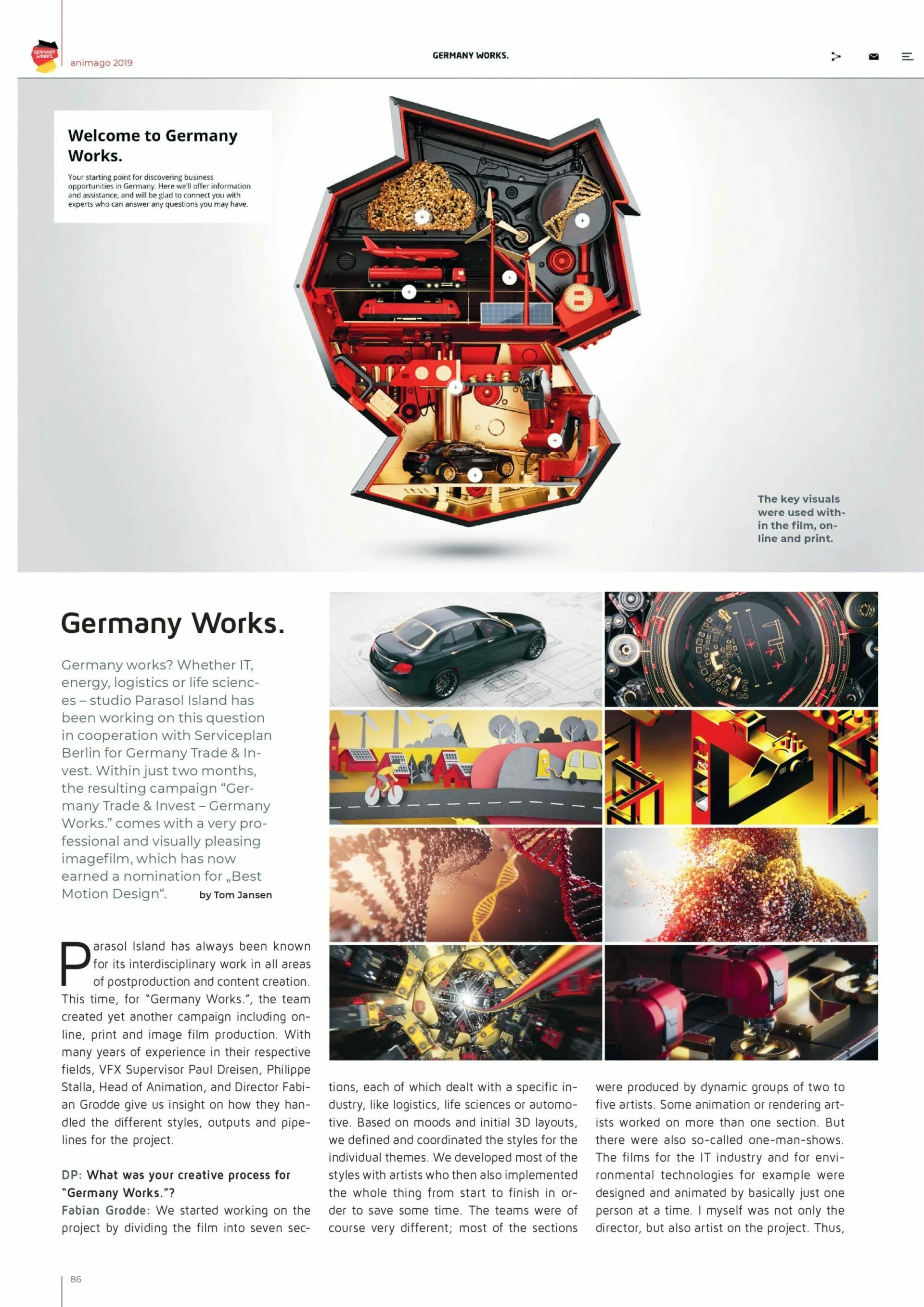 Screenshot einer Webseite mit dem Titel 'Germany Works'. Das Bild zeigt eine farbenfrohe Collage aus technischen und wissenschaftlichen Elementen, darunter ein Auto, DNA-Stränge, Uhren, elektronische Komponenten und abstrakte Muster, die die kreative Arbeit und Innovation in Deutschland repräsentieren.