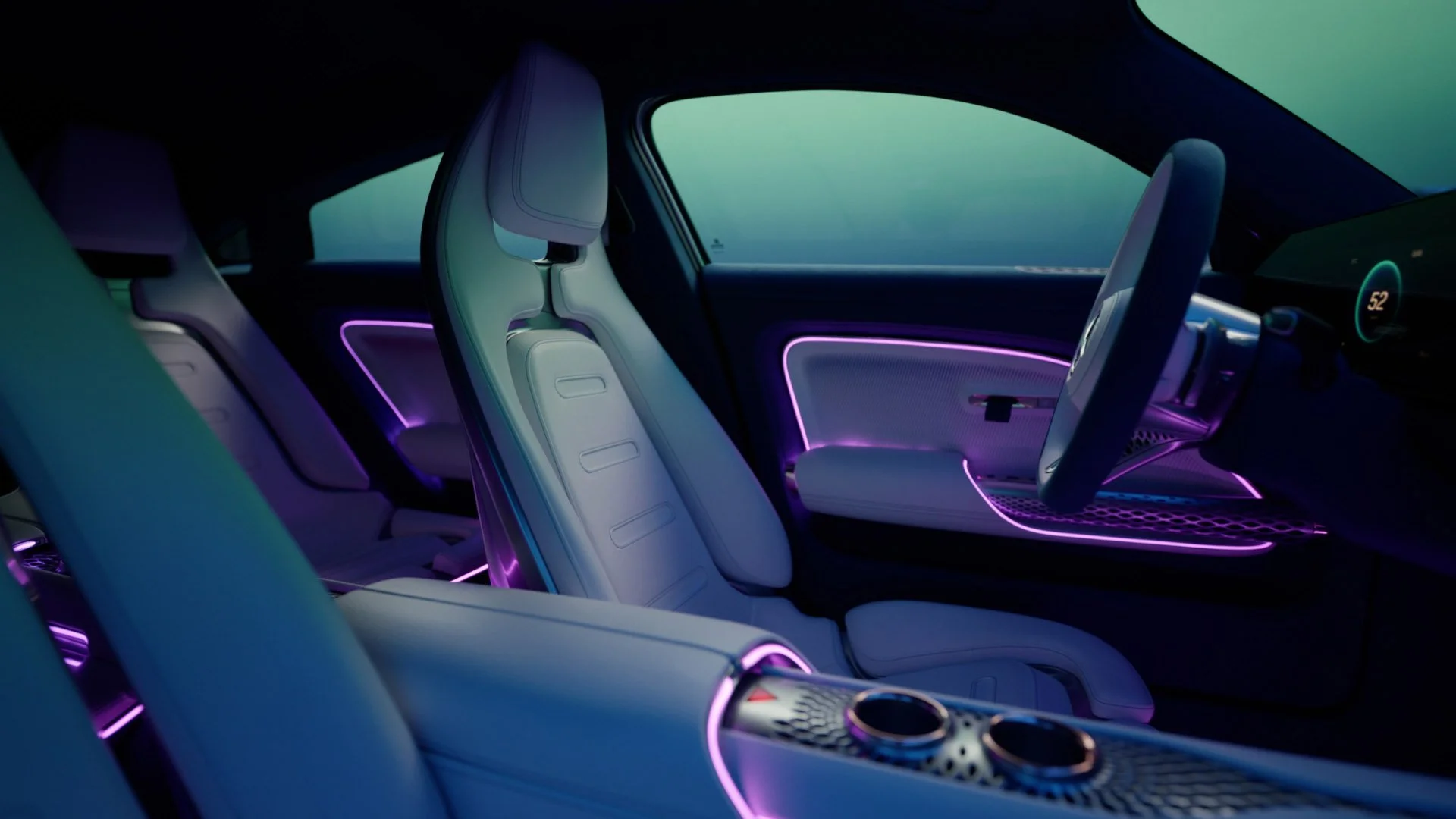 Innenraum eines Autos mit weißen Sitzen und futuristischer Beleuchtung in pink und blau.