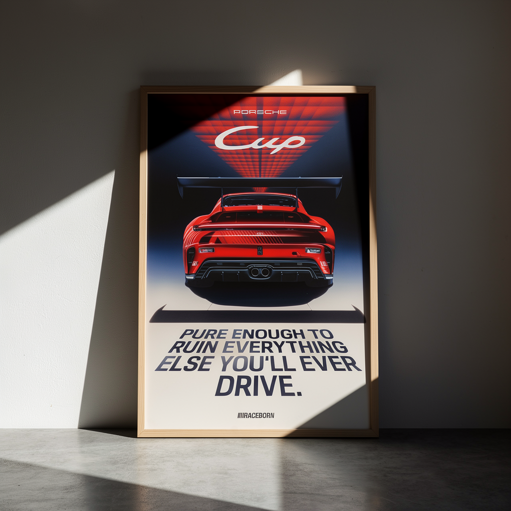 Poster mit rotem Porsche Cup Auto und dem Text "Pure enough to ruin everything else you'll ever drive".