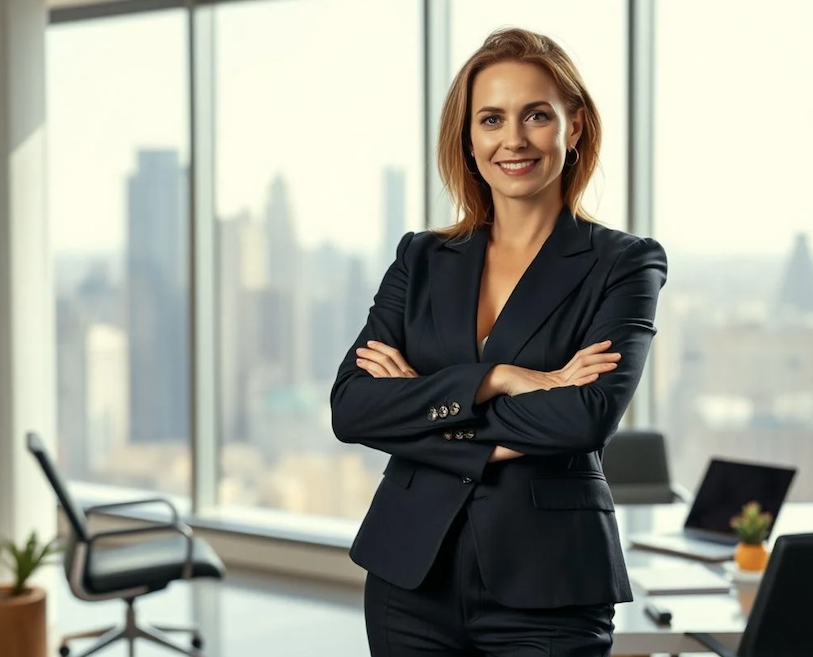 En profesjonell kvinne smiler i et kontormiljø med byutsikt.