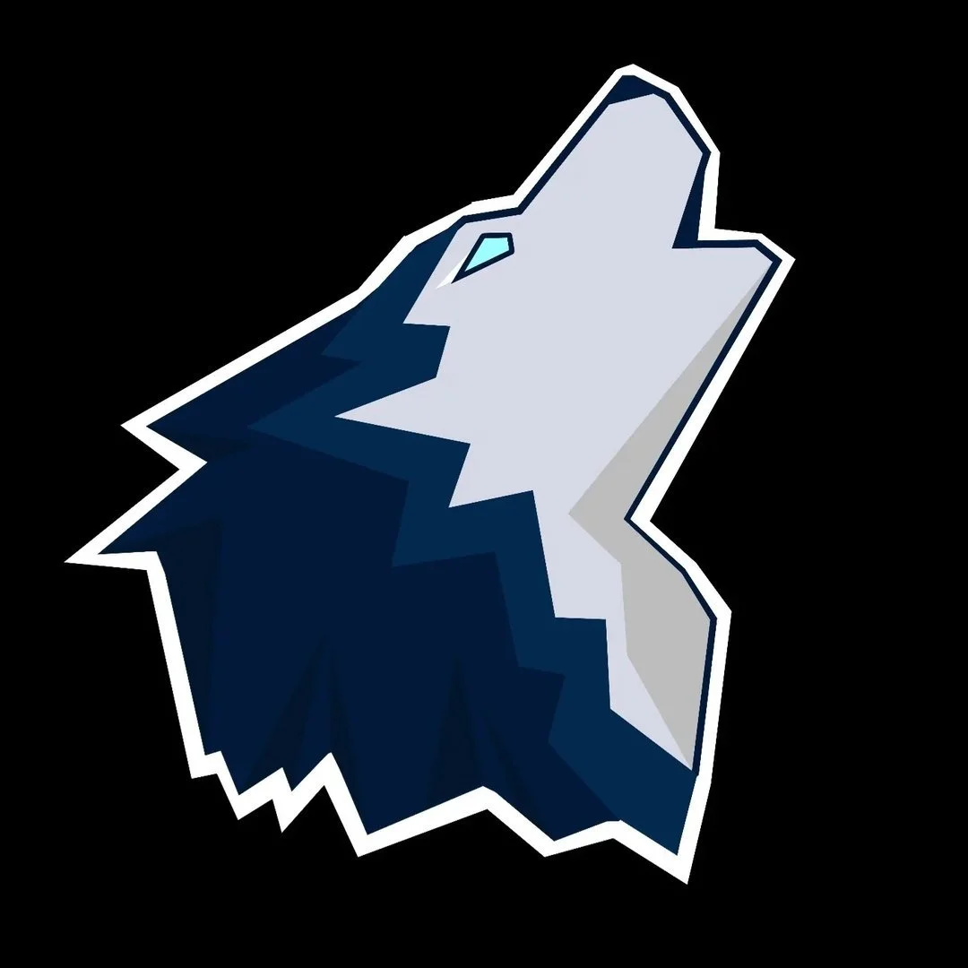 A stylized, geometric illustration of a wolf's head howling, with shades of blue, white, and light gray, on a black background.