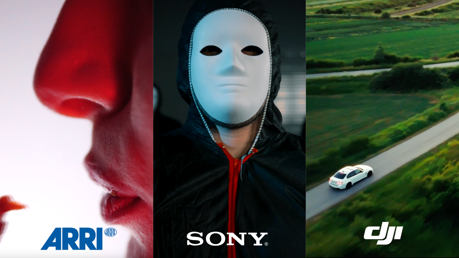 Close-up of a person's nose and lips on the left, a person wearing a white mask and black hooded jacket in the center, and an aerial view of a white car driving on a countryside road on the right, with logos for ARR, Sony, and DJI at the bottom.