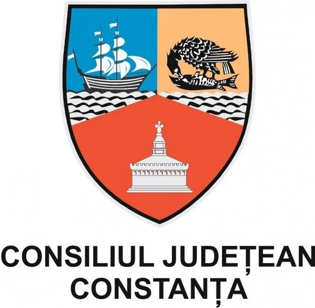 A shield divided into three sections with a blue background featuring a ship, a peach background with a fish, and a red background with a monument, accompanied by the text "Consiliul Județean Constanța".