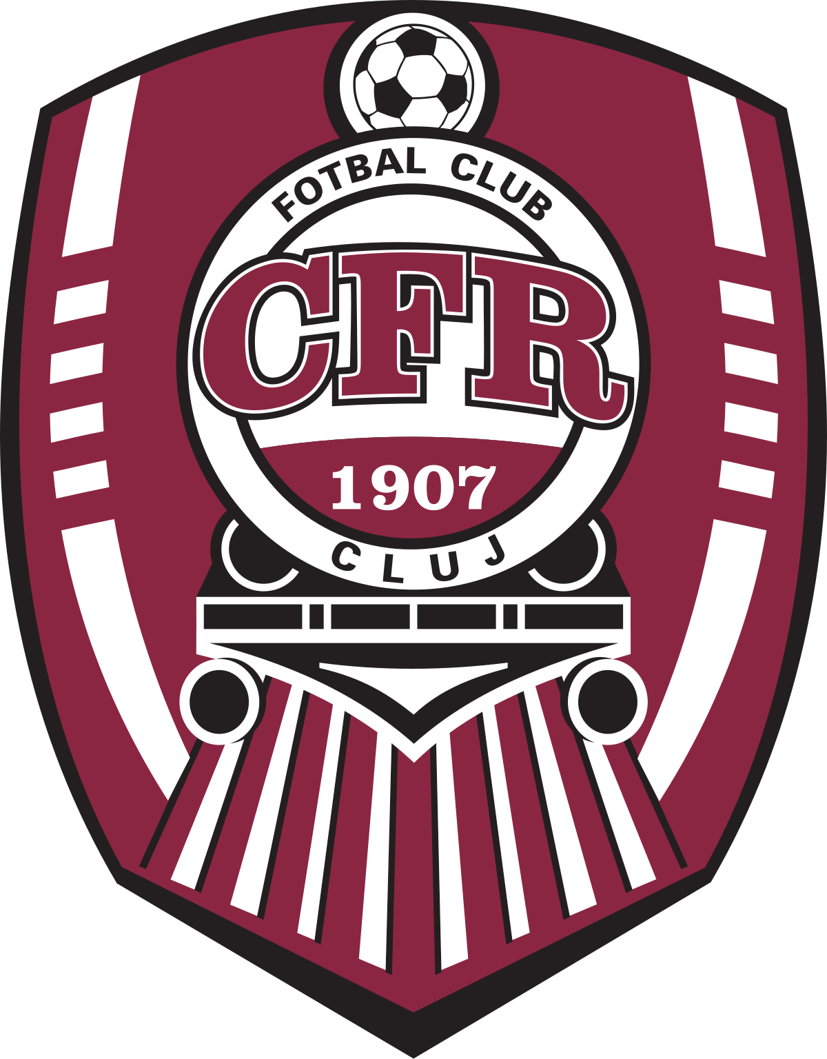 Logo of a football club with a maroon background, containing a soccer ball at the top, the letters 'CFR' in the center, and the year 1907 at the bottom.