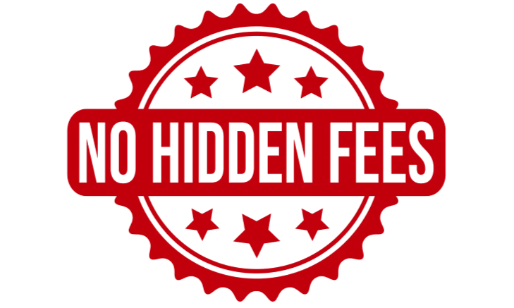 Red badge with black text reading "No Hidden Fees" and decorative stars around it.