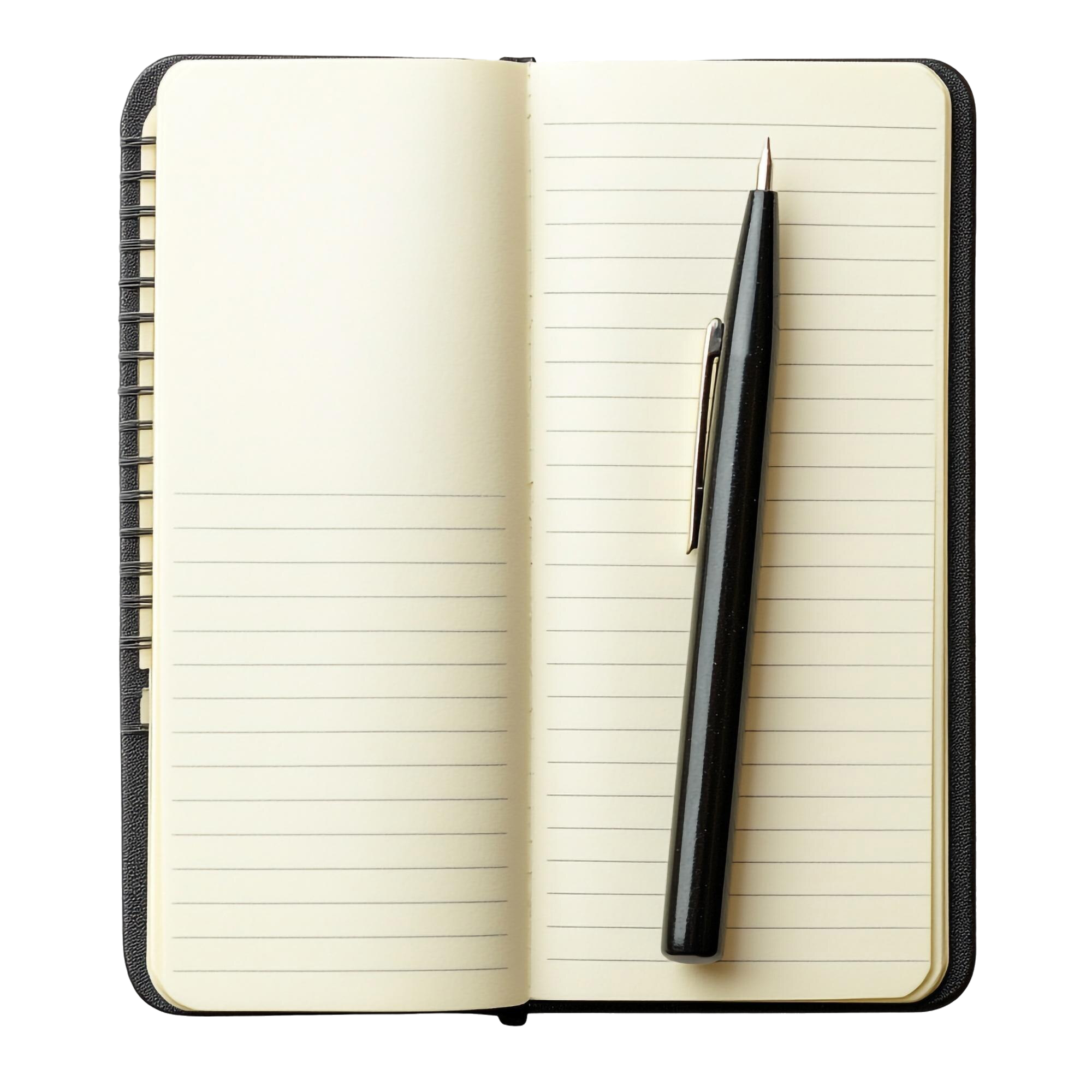 Open notebook with blank, lined pages and a black pen resting on the right page.