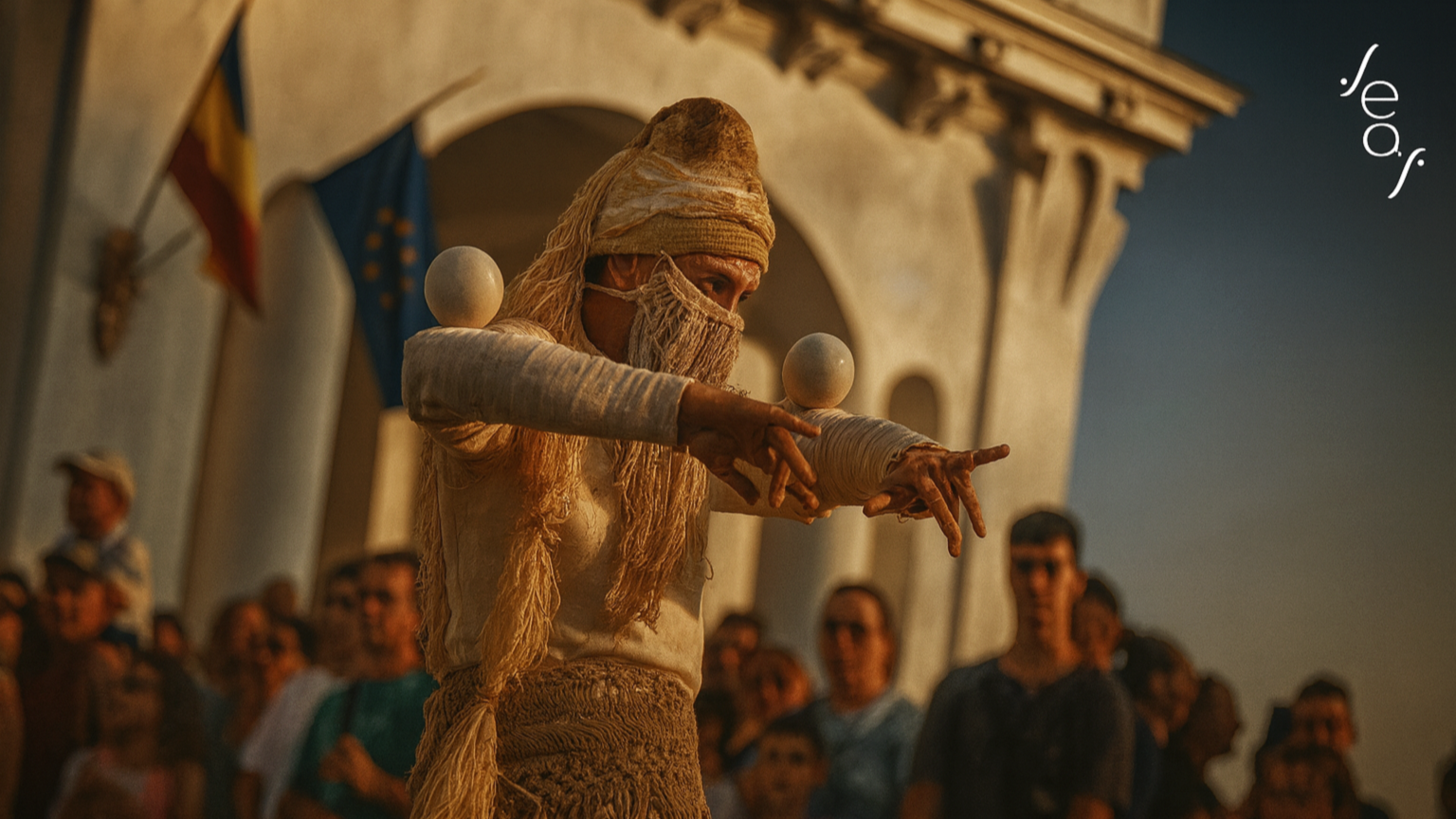 A street performer dressed as a mime with a long beard, wearing a beige hat and costume with large pom-poms on shoulders, is performing in front of an audience in an outdoor setting with a building and flags in the background.