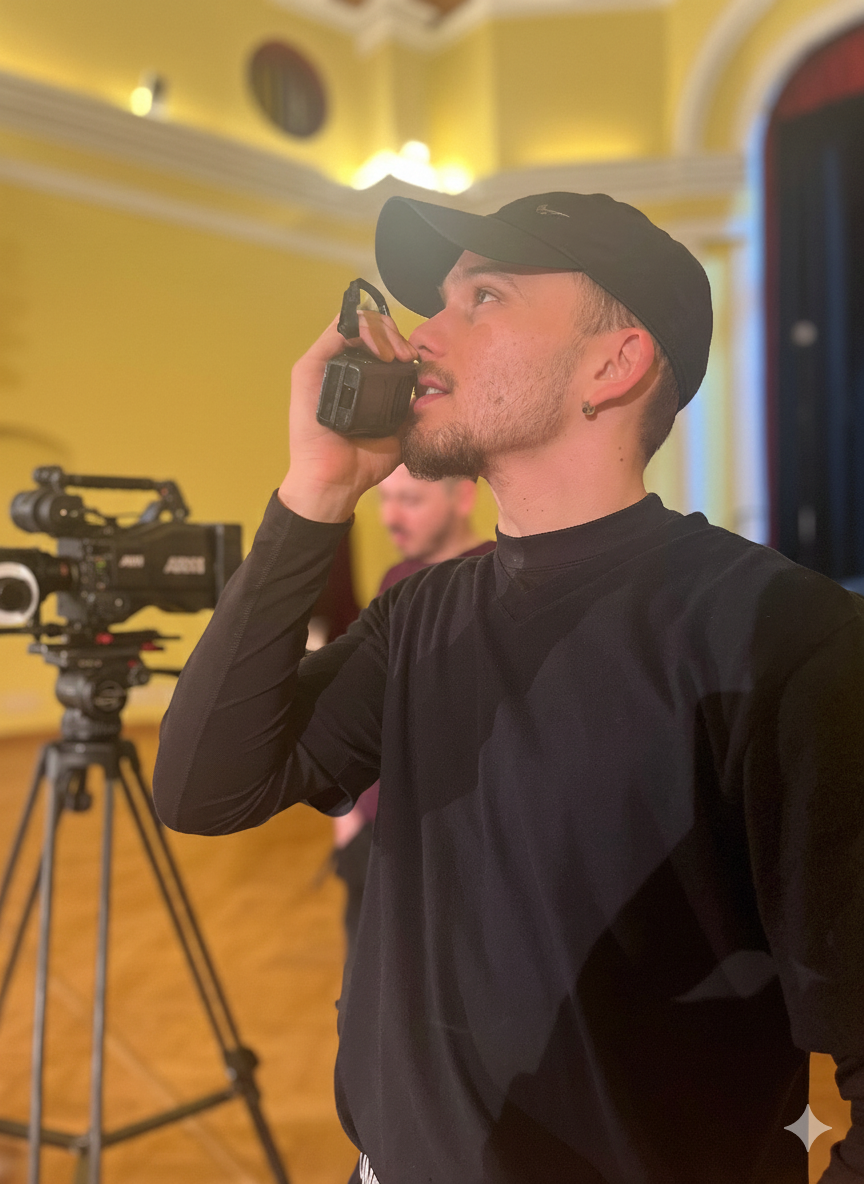 A young man with a beard, wearing a black cap and black shirt, speaking into a walkie-talkie in a room with yellow walls, a large window, and a professional camera on a tripod in the background.