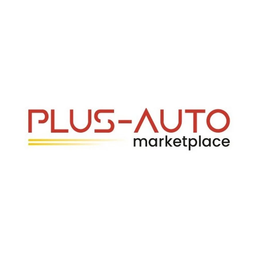 Plus Auto marketplace logo with red and black text and yellow lines on a white background.