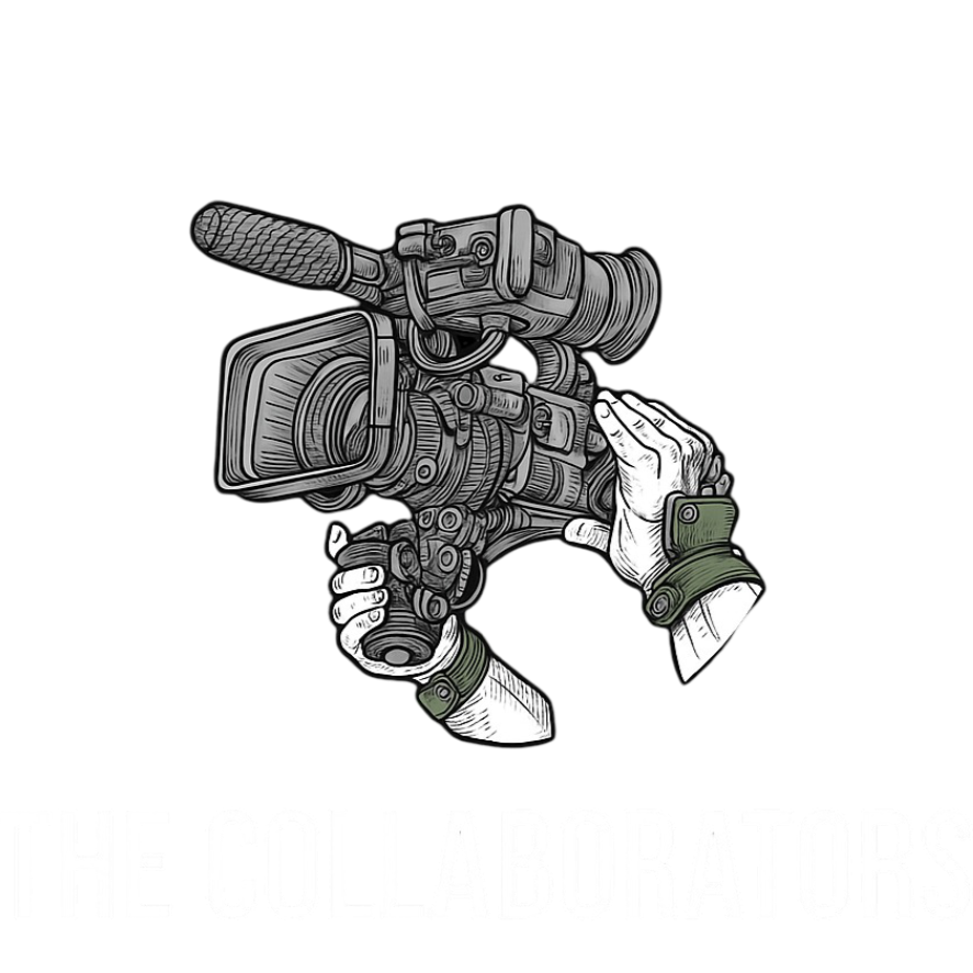 Illustration of a vintage film camera held by two human hands against a black background, with the partially visible text 'The Coolaborators' at the bottom.