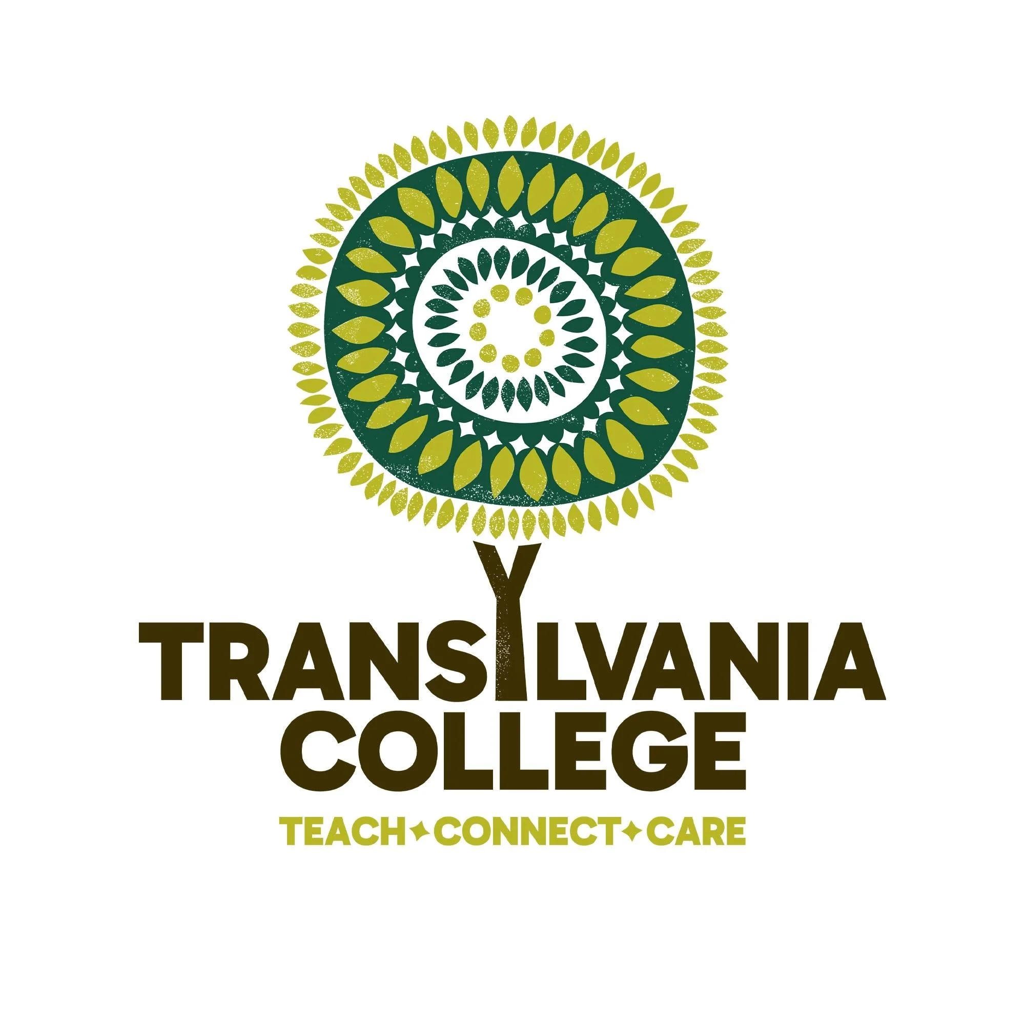 Logo of Transylvania College featuring a circular, green and yellow, mandala-like tree above the college name with the slogan 'Teach Connect Care'.
