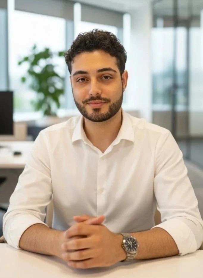 A young man with dark curly hair and a beard, wearing a white shirt and a silver watch, sitting at a desk in a modern office with large windows and a green plant in the background.