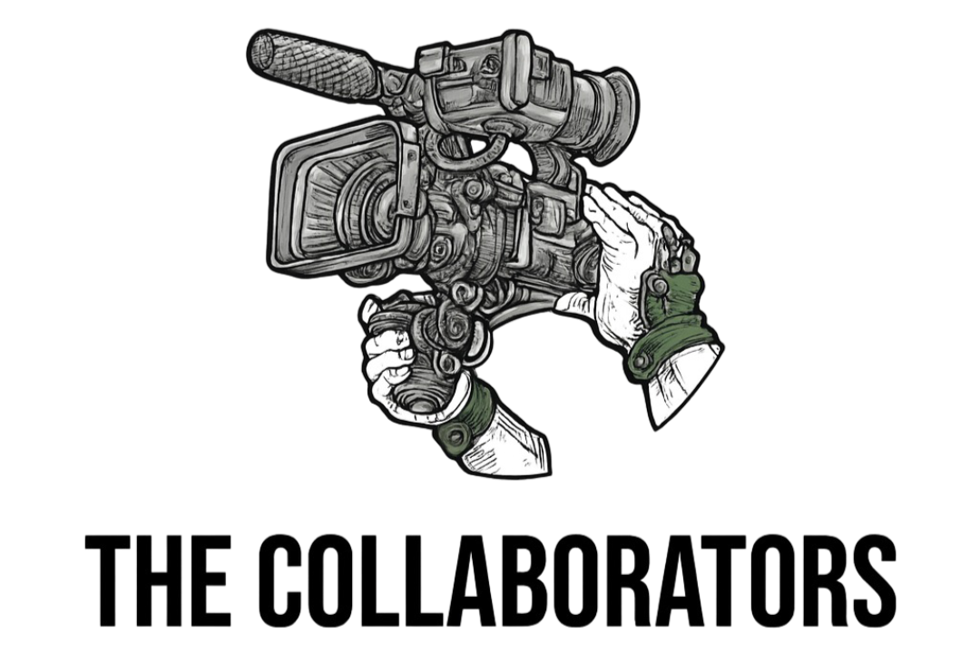 Illustration of a person holding a vintage television camera with hands wearing white gloves and green cuffs.