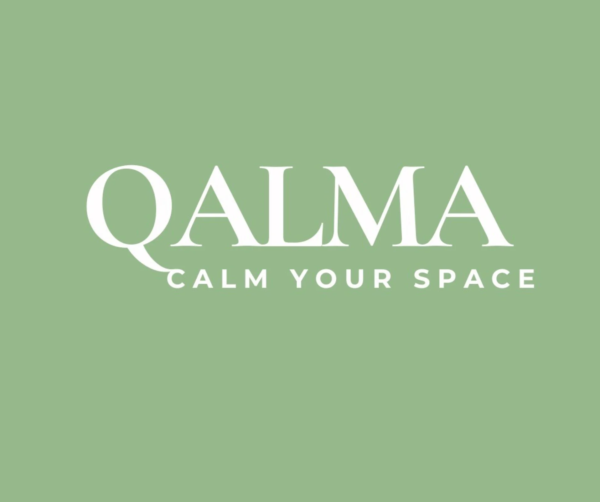 Logo with green background and white text reading 'QALMA' with smaller text 'CALM YOUR SPACE' underneath.