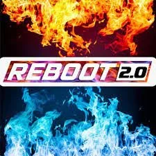 Reboot 2.0 logo with flames, orange at the top and blue at the bottom.