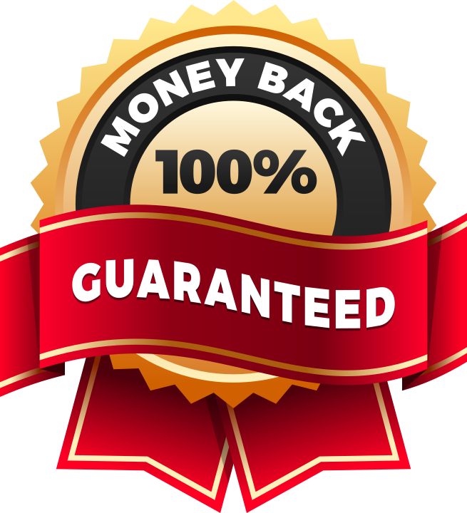 Seal with a gold scalloped edge, black and beige center reading 'Money Back 100% Guaranteed', with a red ribbon banner across the bottom.