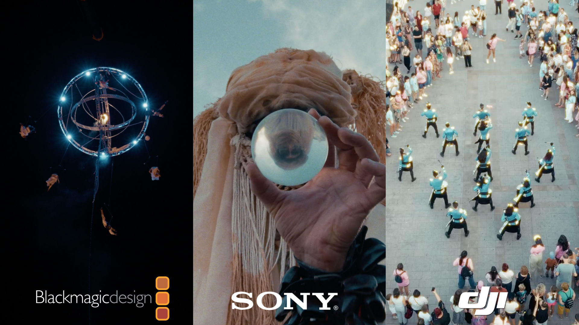 A collage of three images: the left shows a night scene with a thrill ride at a fair with people swinging around a large illuminated structure; the middle features a person in a costume with a wrinkled face holding a reflective glass orb; the right displays a drone light show with numerous drones in formation over a crowd in an open area. The images are branded with logos of Blackmagic Design, Sony, and DJI.