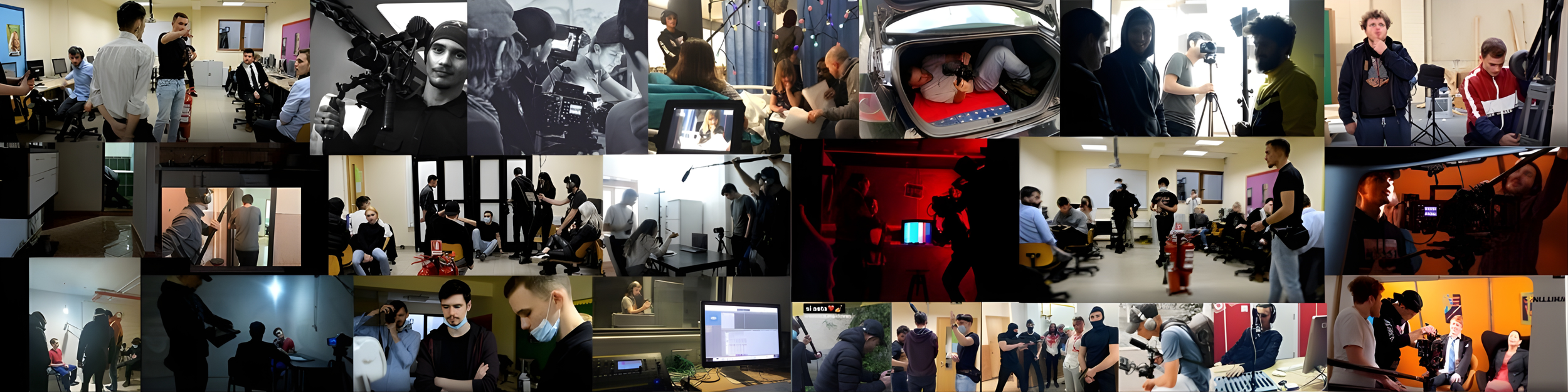 Collage of behind-the-scenes images of film and video production, including crew working in a studio, filming scenes with actors, operating cameras, editing footage, and managing equipment.