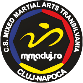Logo of C.S. Mixed Martial Arts Transylvania, Cluj-Napoca, featuring a yellow stylized figure in a fight stance within a black circle with blue, red, and yellow sections and white text.