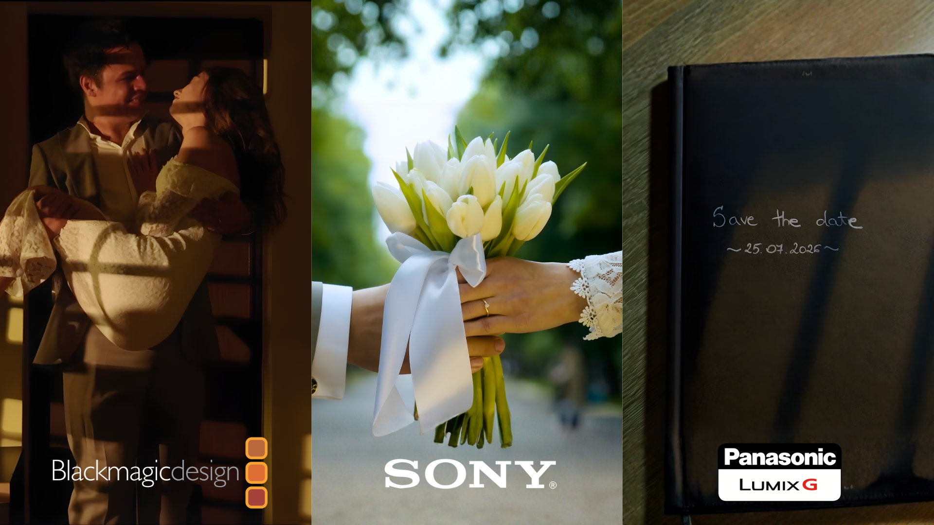 Three-part collage featuring a wedding dance scene, a bouquet of white tulips, and a black notebook with "Save the date" written on it, along with a date, promoting Blackmagic Design, Sony, and Panasonic Lumix G.