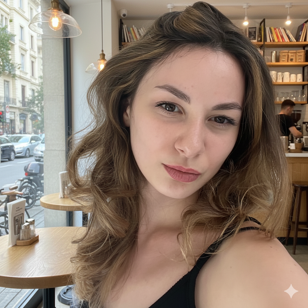 A young woman with wavy light brown hair and neutral makeup takes a selfie inside a cozy cafe with wooden shelves and a barista in the background.