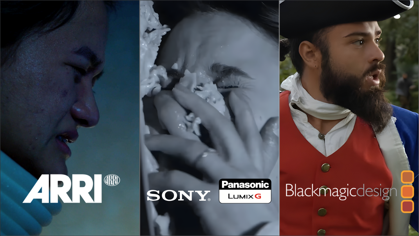 Collage of three separate images with logos of ARRI, Sony, and Blackmagic Design.