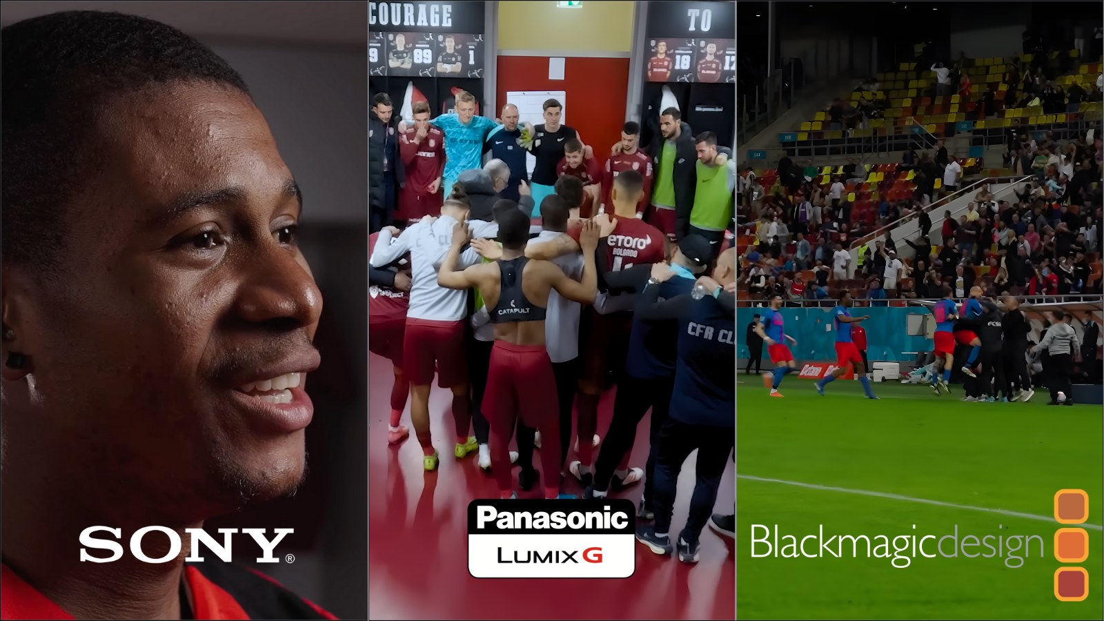Close-up of a smiling athlete with dark skin and short hair, advertising Sony. In the middle, a group of soccer players and staff huddle together in a locker room, some are raising their hands. The right side shows fans in stadium seats watching a soccer match on the field, with players warming up or preparing for the game.