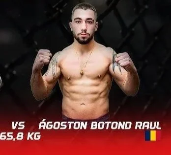 A shirtless male athlete standing with fists raised in a fighting stance, with tattoos on his arms, a goatee, and short hair, in a fighting ring background. Text overlay reads 'VS ÁGOSTON BOTOND RAUL 65.8 KG' with a small Romanian flag.